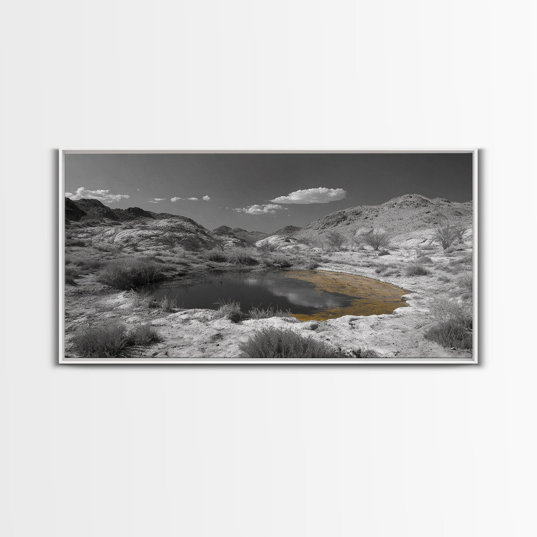 Desert Pool, Yellow Reflection, Desert Hills, Framed Canvas Print, Minimalist Nature Art, Neutral Home Decor, Modern Office Wall Art