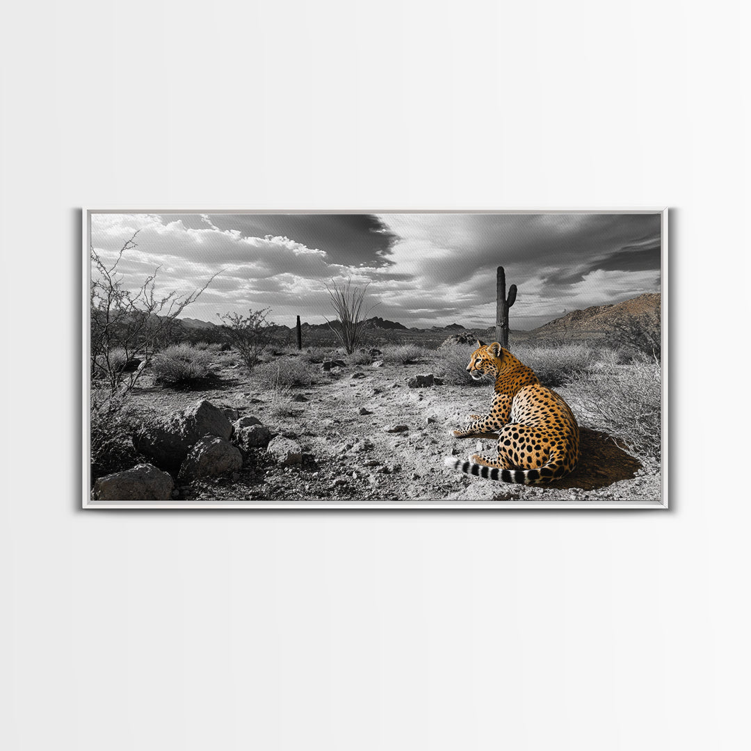 Cheetah Desert, Wild Cat, Monochrome Landscape, Framed Canvas Print, Safari Wall Art, Animal Lover Decor, Masculine Office Artwork