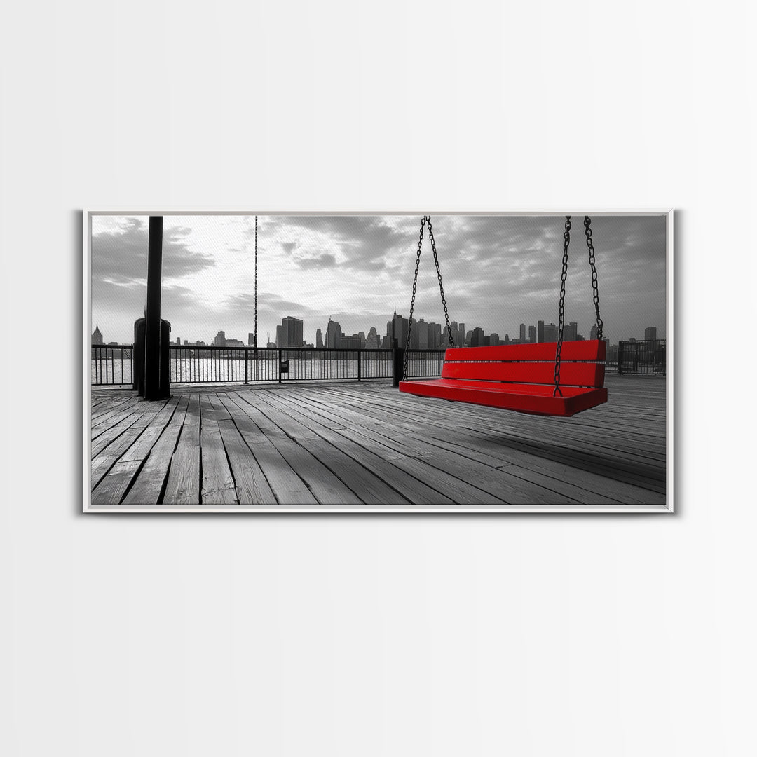 Red Swing, Skyline View, Urban Romance, Canvas Print, Cityscape Wall Art, Modern Minimalist Decor, Contemporary Bedroom Accent