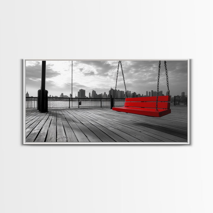 Red Swing, Skyline View, Urban Romance, Canvas Print, Cityscape Wall Art, Modern Minimalist Decor, Contemporary Bedroom Accent