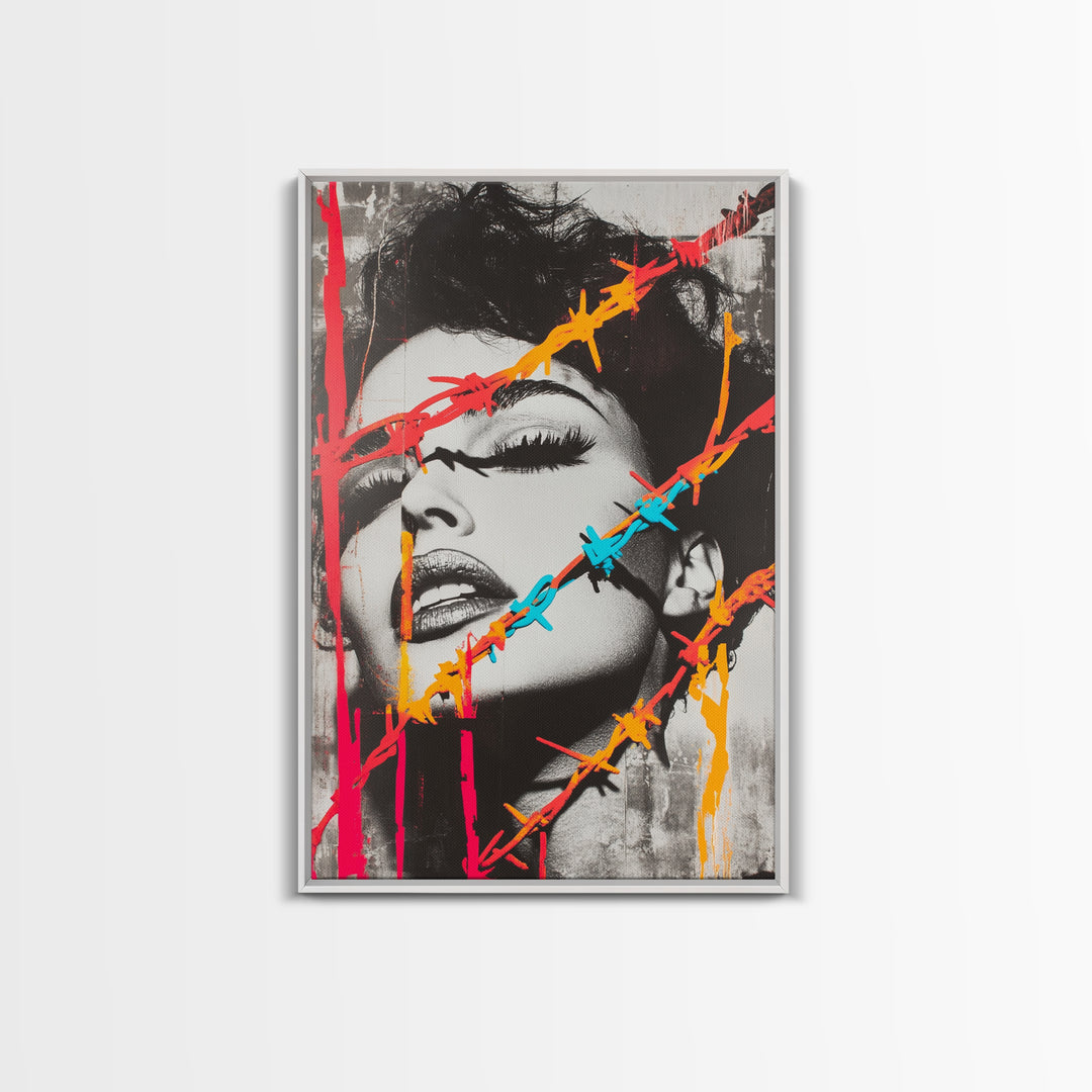 Neon Barbed Beauty, Graffiti Glam, Bold Portrait, Framed Canvas Print, Urban Wall Art, Edgy Bedroom Decor, Pop Art Style Statement