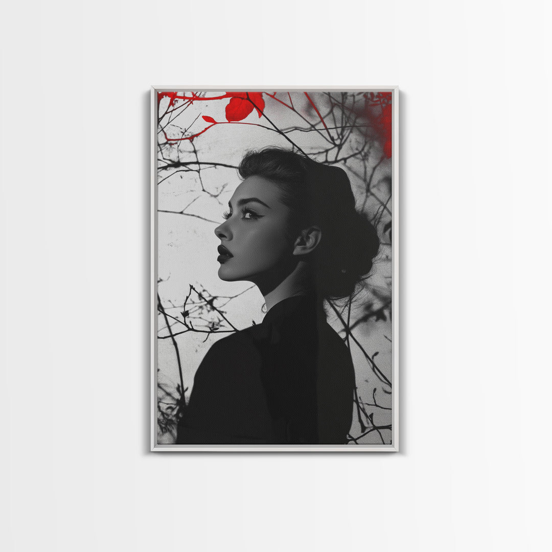 Noir Beauty, Red Accent Leaves, Dramatic Woman Profile, Framed Canvas Print, Glamour Wall Art, Gothic Bedroom Decor, Monochrome Style