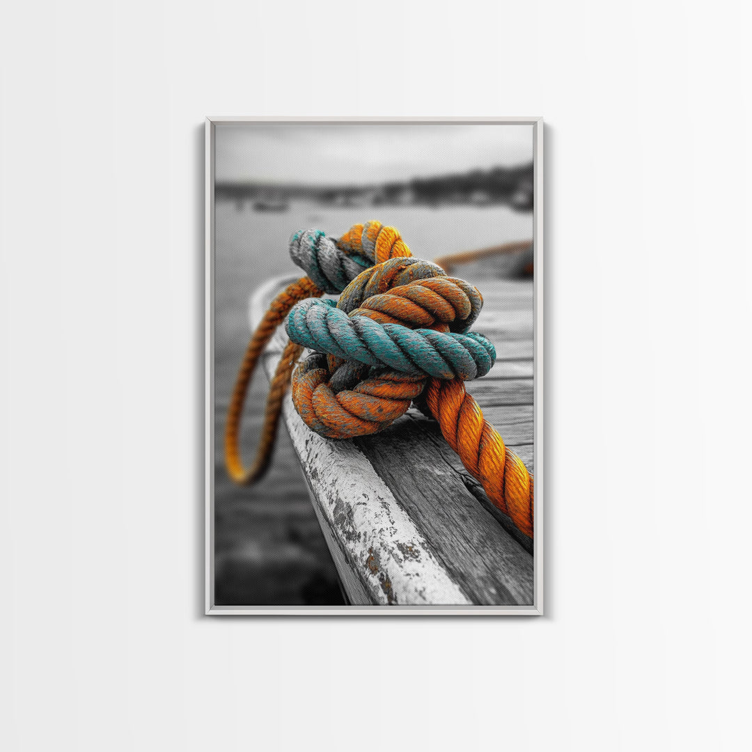 Nautical Rope, Boat Knot, Harbor Texture, Rustic Detail, Framed Canvas Print, Coastal Kitchen Art, Marine Decor, Boho Nautical Style