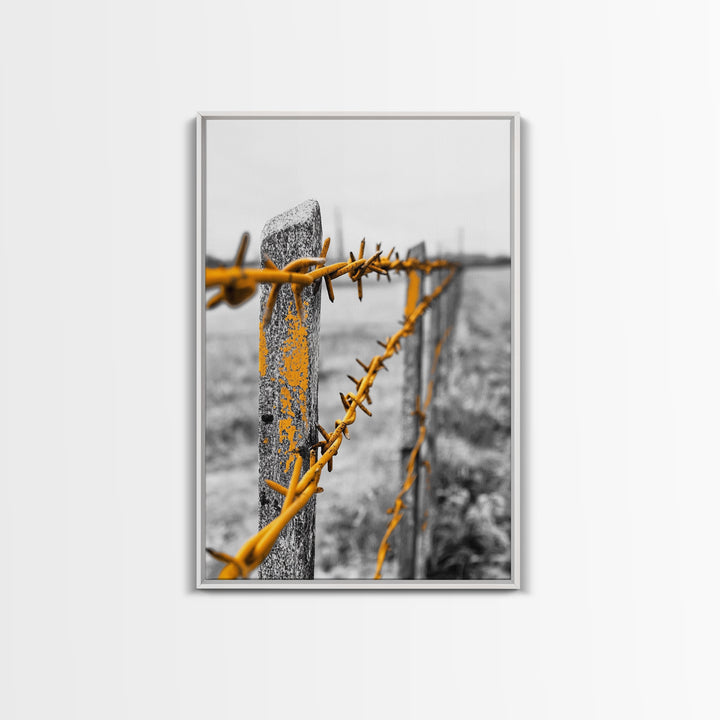 Yellow Fence Wire, Rustic Barbed Wire, Country Fence, Framed Canvas Print, Farmhouse Wall Art, Minimalist Rustic Home Decor