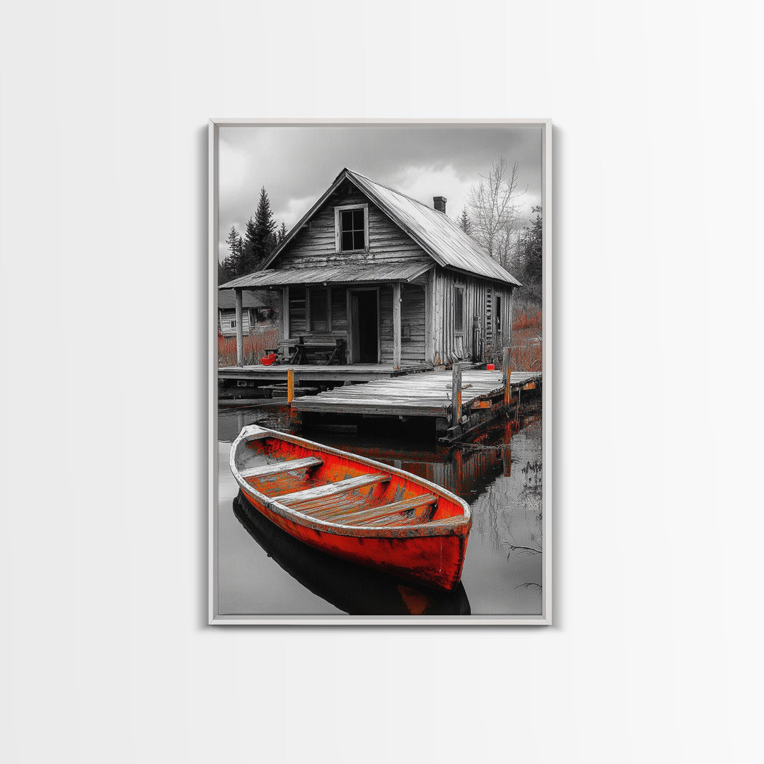 Cabin Reflection, Rustic Rowboat, Autumn Red, Lake Dock, Canvas Print, Fall Wall Art, Country Home Decor, Rustic Landscape, Lodge Style Art