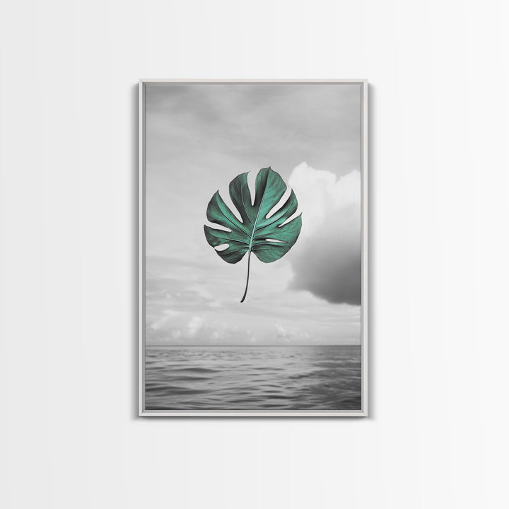 Monstera Leaf, Ocean Breeze, Tropical Minimalism, Floating Leaf, Framed Canvas Print, Modern Bathroom Art, Boho Decor, Tropical Wall Art