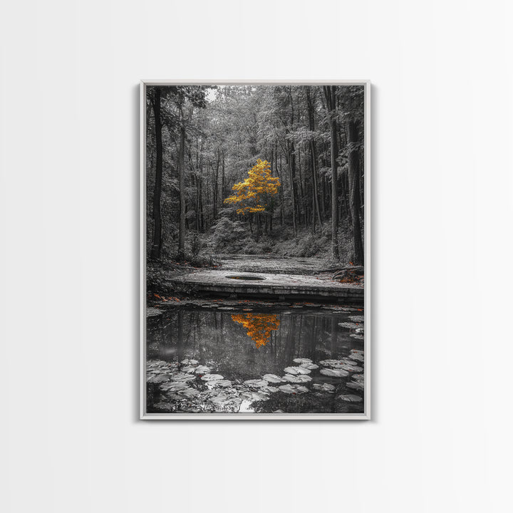 Lone Yellow Tree, Tranquil Pond, Forest Reflection, Canvas Print, Fall Nature Wall Art, Autumn Minimalist Decor, Peaceful Meditation Room