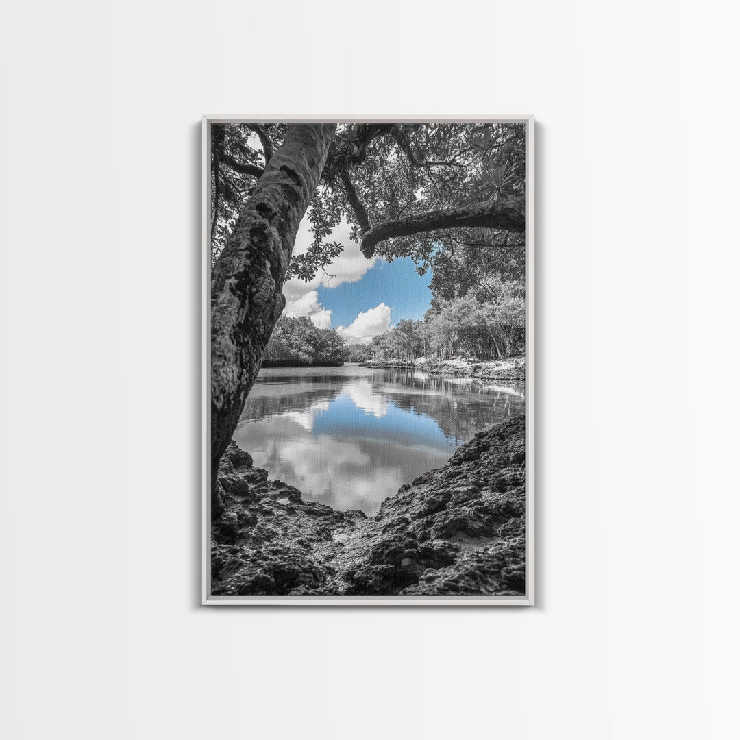 Blue Sky River, Tropical Trees, Natural Tranquility, Framed Canvas Print, Relaxing Bedroom Wall Art, Coastal Nature, Serene Landscape Decor