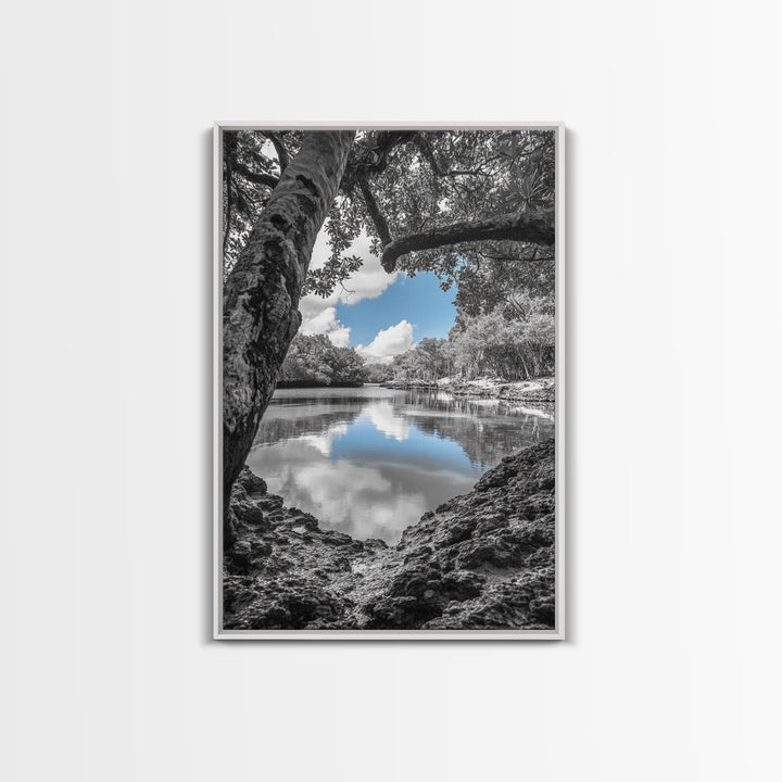 Blue Sky River, Tropical Trees, Natural Tranquility, Framed Canvas Print, Relaxing Bedroom Wall Art, Coastal Nature, Serene Landscape Decor
