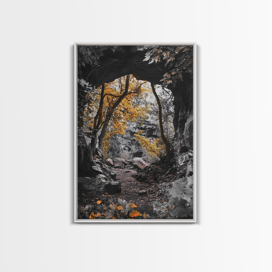 Autumn Trail, Yellow Foliage, Forest Pathway, Framed Canvas Print, Fall Wall Art, Warm Earth Tones, Rustic Entryway Decor, Woodland Scene