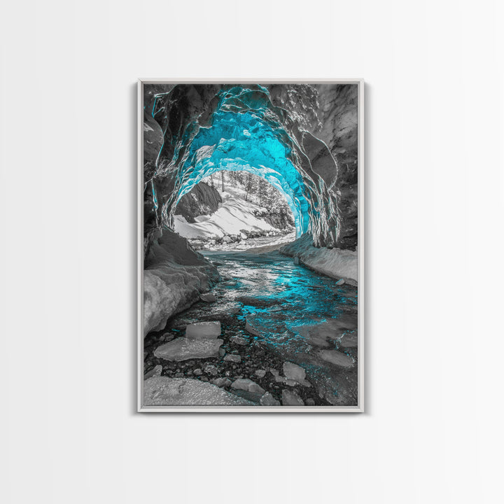 Blue Ice Cave, Winter Tunnel, Arctic Wonderland, Framed Canvas Print, Nature Wall Art, Minimalist Photography, Cool Tone Decor