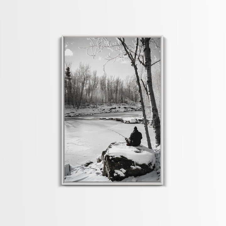 Winter Fishing, Snowy River, Peaceful Solitude, Canvas Print, Cabin Wall Art, Rustic Outdoor Decor, Black White Nature Photography