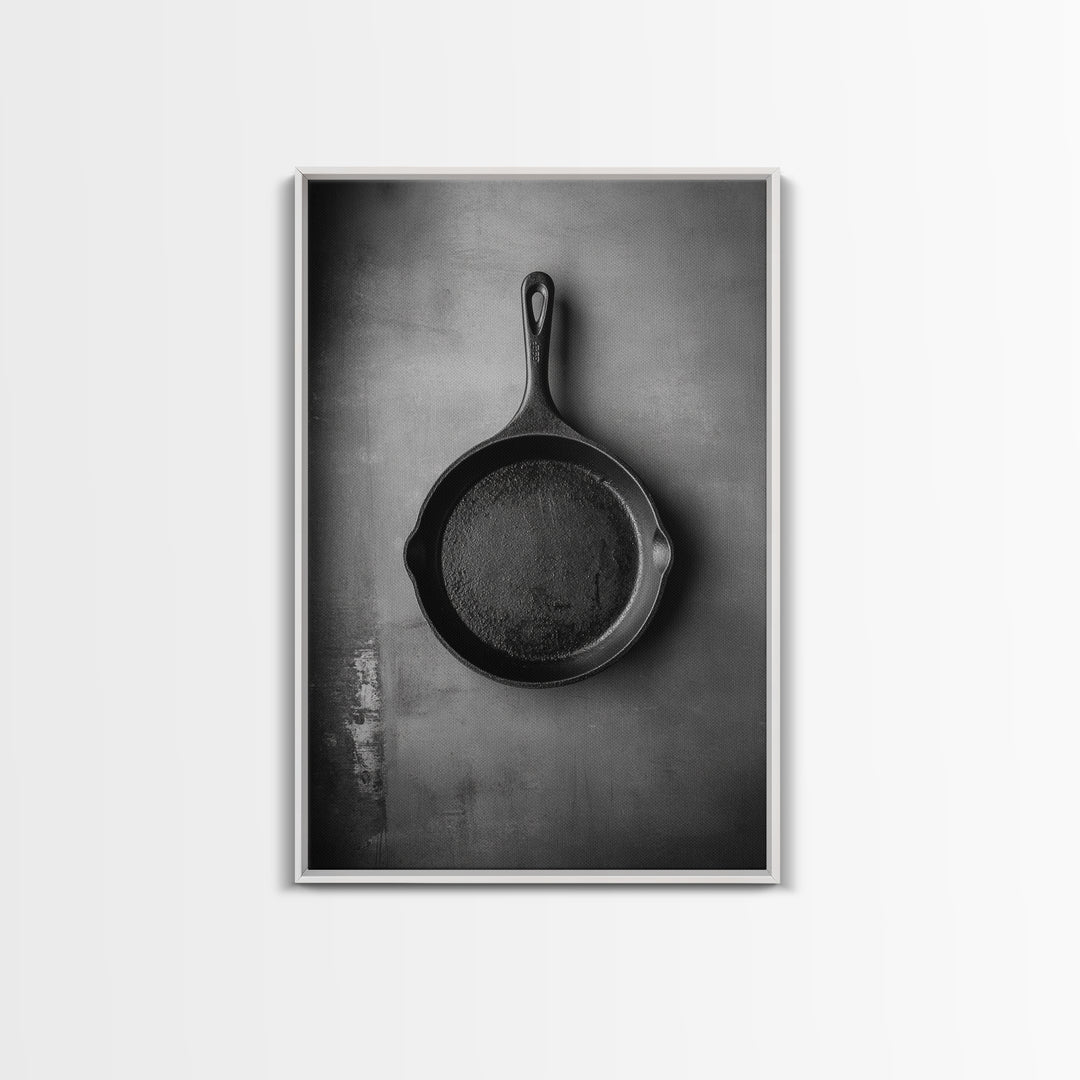 Cast Iron Pan, Rustic Kitchen, Black White Still Life, Framed Canvas Print, Kitchen Wall Art, Farmhouse Cooking Decor, Chef Gift Idea