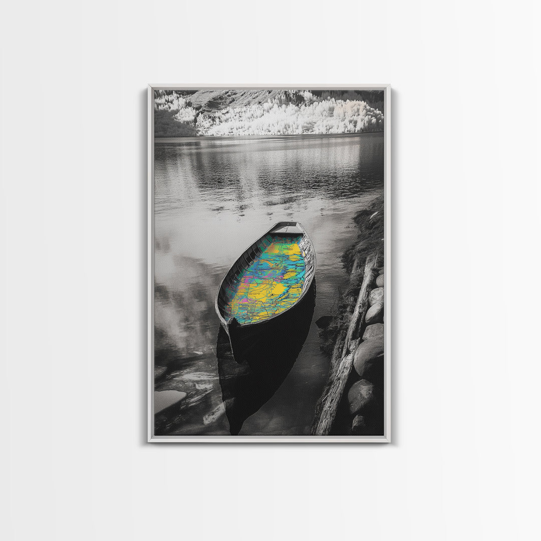 Rowboat Map Interior, Lake Reflections, Artistic Travel Theme, Canvas Print, Cabin Wall Art, Unique Lake House Decor, Explorer Style