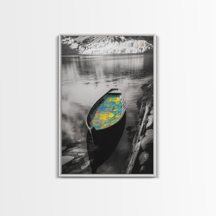 Rowboat Map Interior, Lake Reflections, Artistic Travel Theme, Canvas Print, Cabin Wall Art, Unique Lake House Decor, Explorer Style