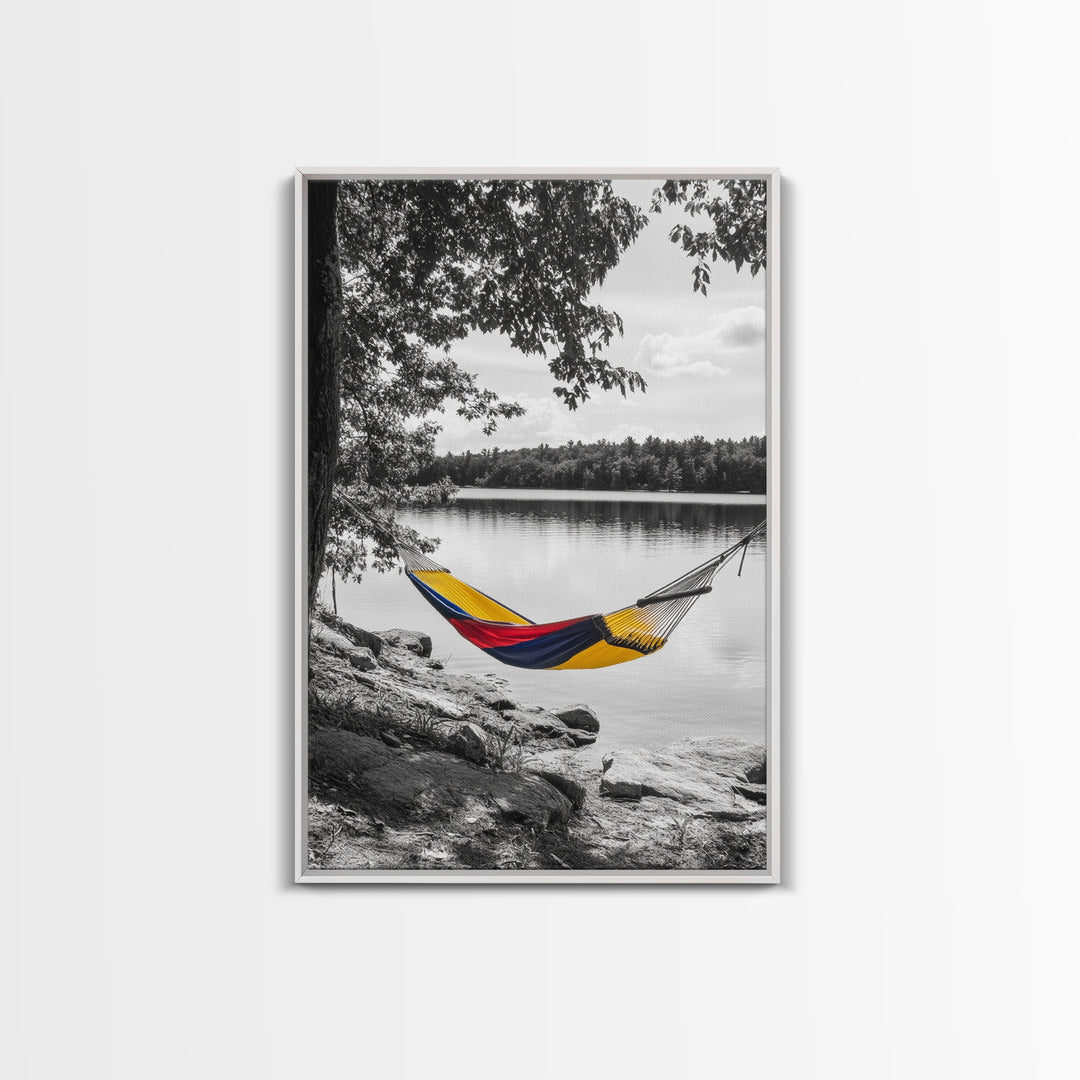 Hammock Lake Scene, Peaceful Nature Art, Fall Outdoors, Relaxed Escape, Framed Canvas Print, boho decor, bedroom art, cozy wall print