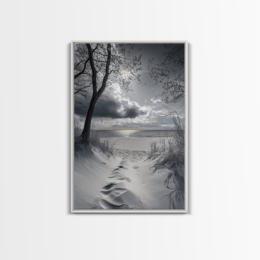 Beach Dunes Sunset, Seaside Escape, Quiet Shore Path, Coastal Calm, Framed Canvas Print, neutral coastal art,  bathroom wall decor