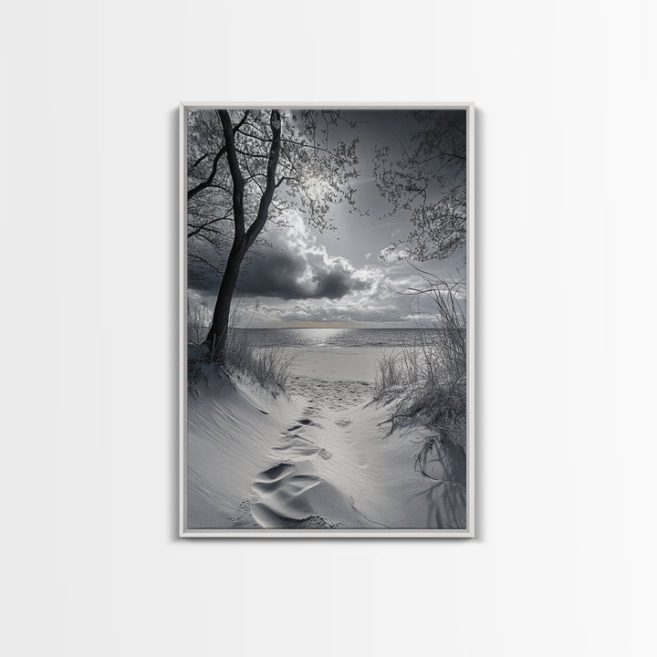 Beach Dunes Sunset, Seaside Escape, Quiet Shore Path, Coastal Calm, Framed Canvas Print, neutral coastal art,  bathroom wall decor