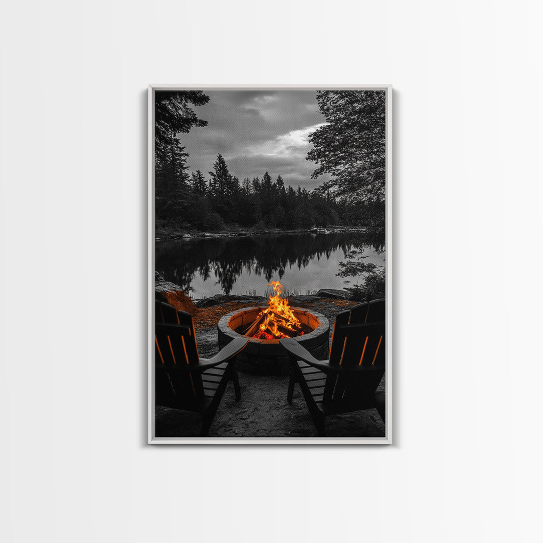 Campfire Chairs Lake, Autumn Firepit Scene, Rustic Retreat, Cabin Escape, Framed Canvas Print, cozy wall art, man cave cabin decor