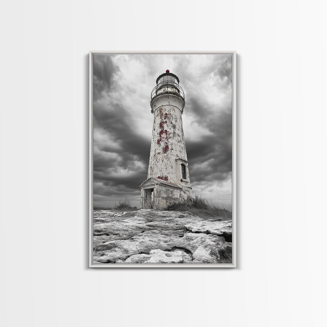 Rustic Lighthouse Shore, Weathered Tower Art, Stormy Coast Scene, Moody Seaside, Framed Canvas Print, nautical bathroom or den wall decor