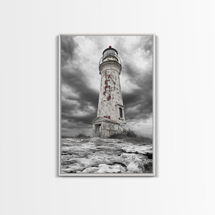 Rustic Lighthouse Shore, Weathered Tower Art, Stormy Coast Scene, Moody Seaside, Framed Canvas Print, nautical bathroom or den wall decor