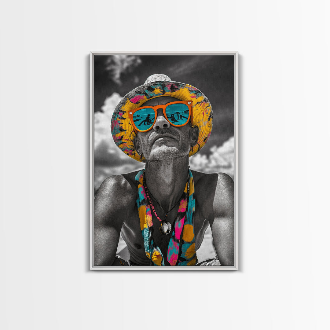 Beach Guy Portrait, Summer Sunglasses, Boho Vibe, Framed Canvas Print, Surf Shack Decor, Eclectic Wall Art, Travel Inspired Design