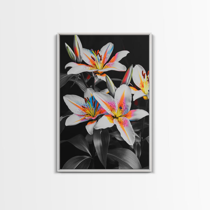 Neon Lily, Floral Bloom, Vibrant Flower, Botanical Framed Canvas Print, Color Pop Wall Art, Bedroom Floral Art, Bold Nature Decor