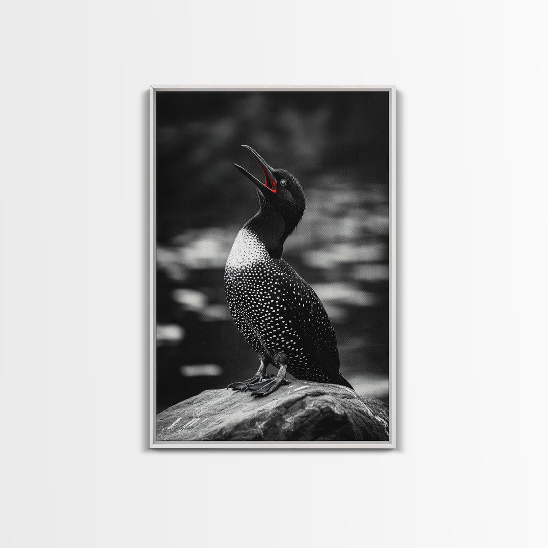 Loon Call, Singing Bird, Red Beak, Monochrome Framed Canvas Print, Wildlife Wall Decor, Bird Lover Wall Art, Rustic Cabin Accent