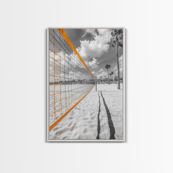 Volleyball Court, Sand and Net, Coastal Play, Framed Canvas Print, Sports Wall Art, Teen Room Decor, Summer Athletic Beach Vibes