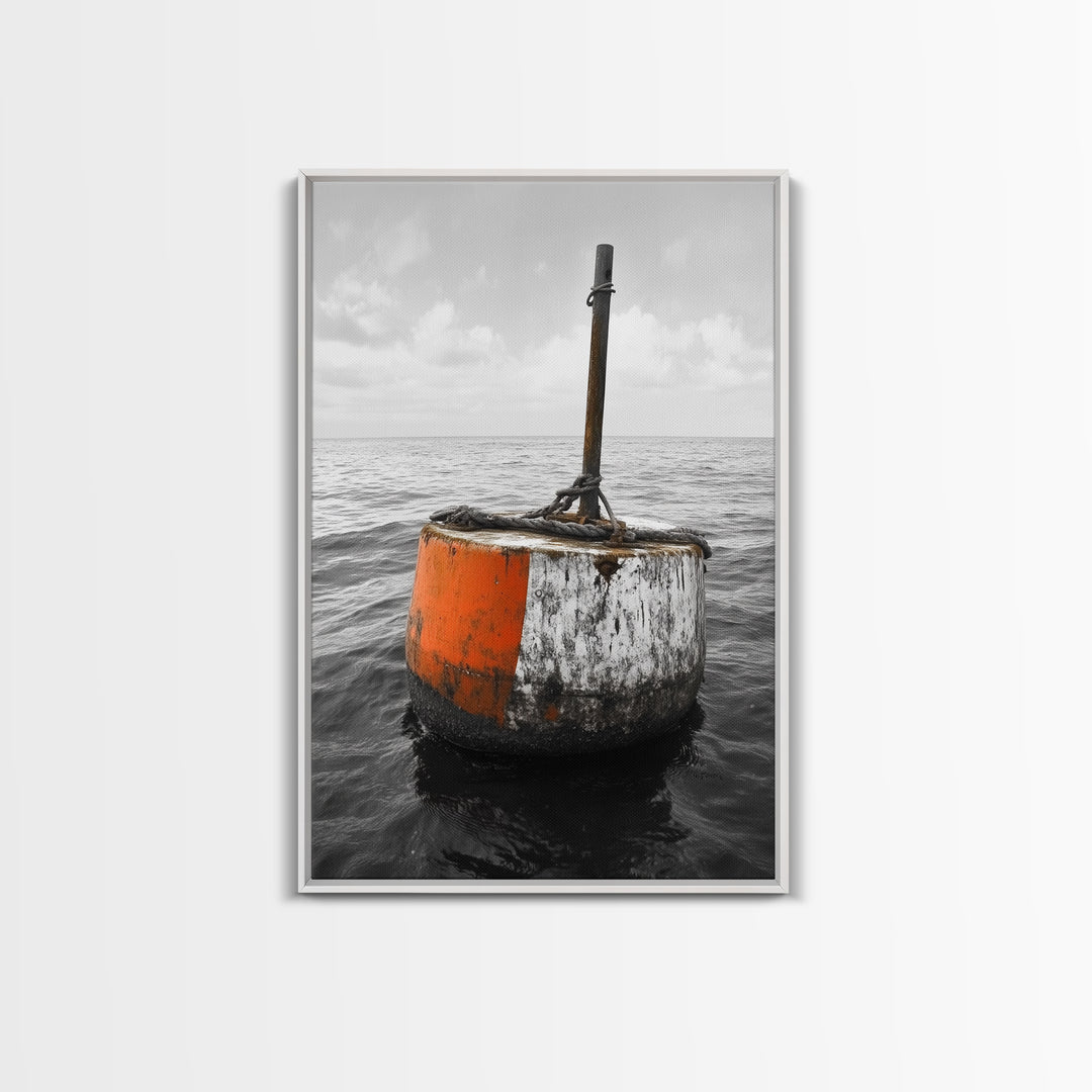 Ocean Buoy Art, Nautical Minimalism, Coastal Wall Decor, Industrial Seascape, Framed Canvas Print, Rustic Ocean Art, Bathroom Wall Art