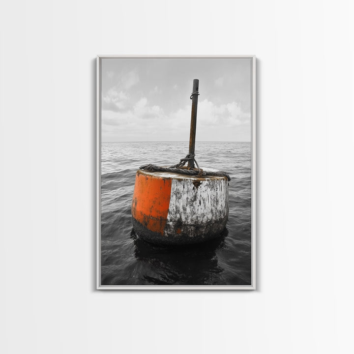 Ocean Buoy Art, Nautical Minimalism, Coastal Wall Decor, Industrial Seascape, Framed Canvas Print, Rustic Ocean Art, Bathroom Wall Art