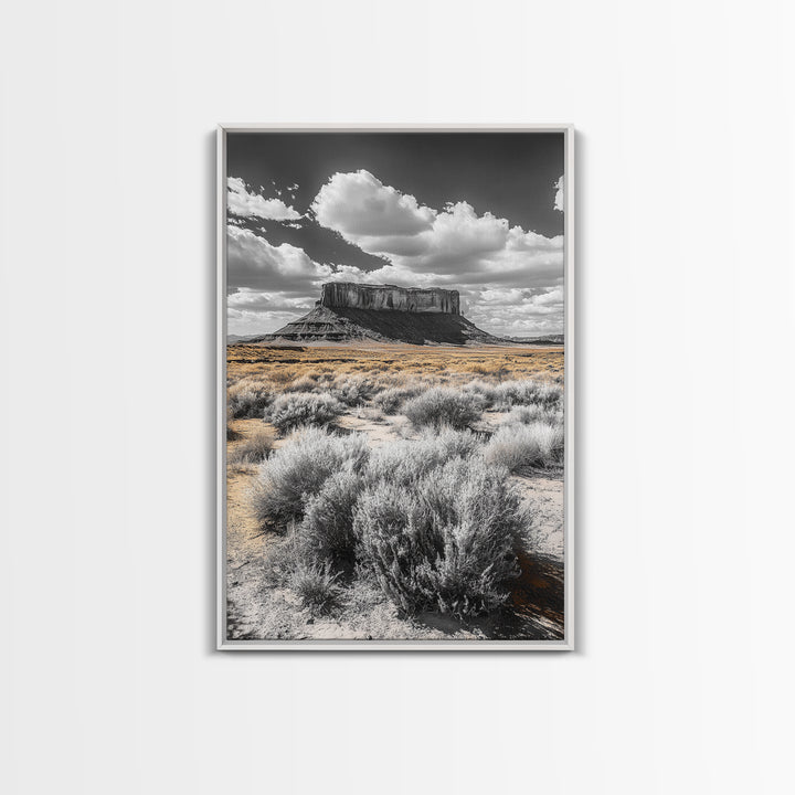 Desert Plateau View, Western Landscape Art, Rustic Nature Decor, Yellow Sagebrush, Framed Canvas Print, Southwestern Living Room Art