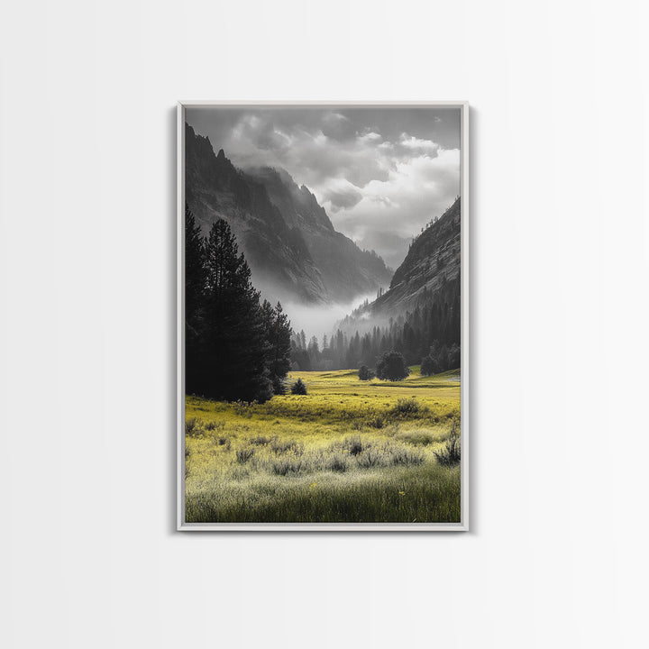 Yellow Meadow Valley, Foggy Mountain Scene, Serene Landscape Photography, Framed Canvas Print, Nature Lover Living Room Wall Art