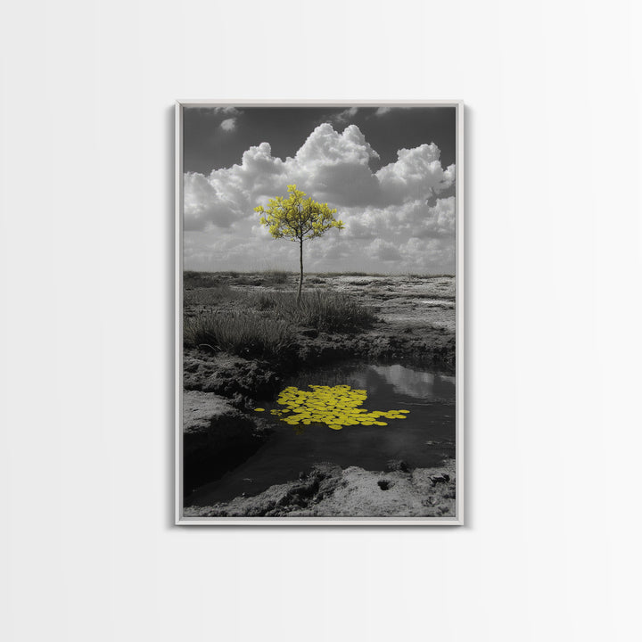 Solitary Tree, Desert Reflection, Yellow Leaves, Framed Canvas Print, Minimalist Wall Art, Bedroom Decor, Nature Fine Art Landscape