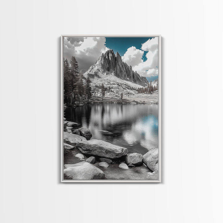 Crystal Lake Peaks, Serene Mountain Reflection, Monochrome Water Scene, Canvas Print, Bedroom Wall Art, Nature Photography Decor