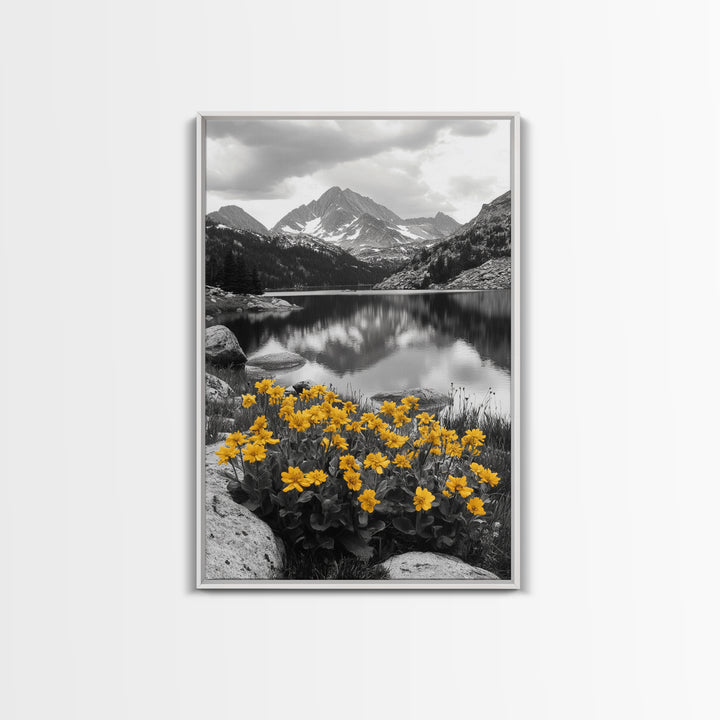 Yellow Wildflowers Lake, Alpine Meadow, Monochrome Landscape, Canvas Print, Kitchen Wall Art, Spring Nature Photography Decor