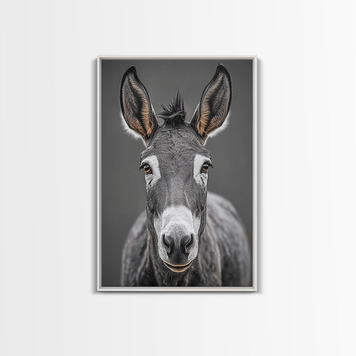 Donkey Close-Up, Rustic Farm Animal, Black and White Portrait, Canvas Print, Farmhouse Kitchen Art, Country Animal Wall Decor
