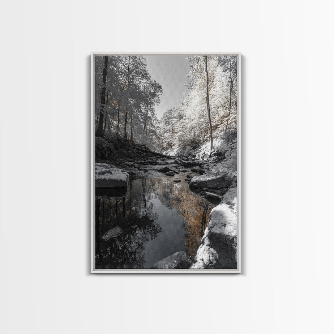 Autumn Creek Walk, Monochrome Forest Stream, Fall Reflections, Framed Canvas Print, Entryway Wall Art, Nature Trail Photography Decor