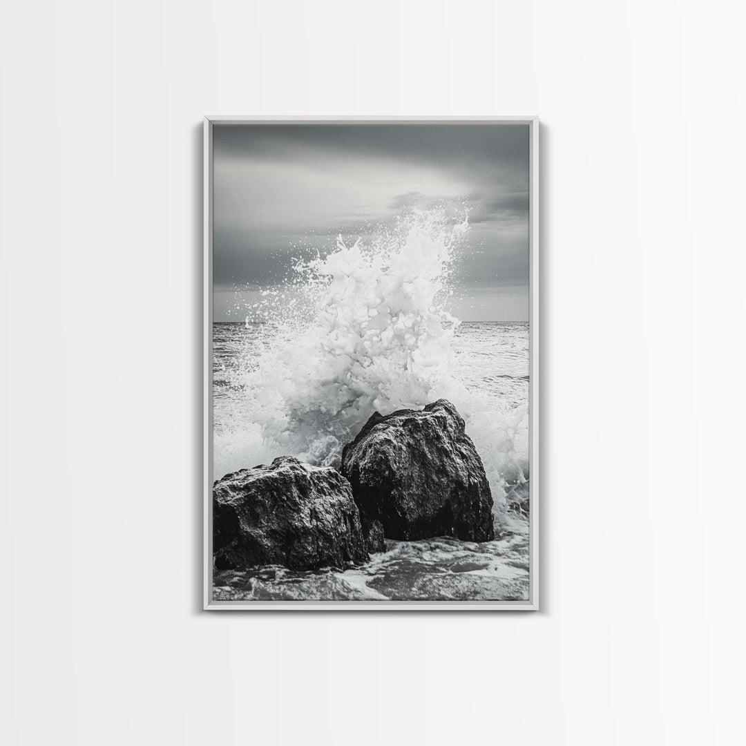 Ocean Splash, Rocky Coast, Dramatic Seascape, Monochrome Power, Framed Canvas Print, Coastal Wall Art, Entryway or Office Decor