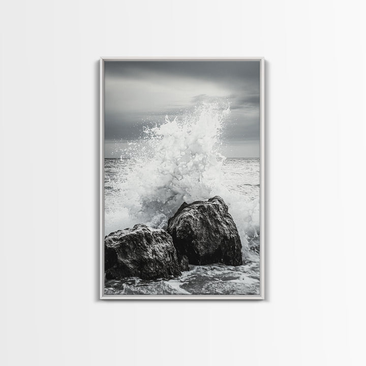 Ocean Splash, Rocky Coast, Dramatic Seascape, Monochrome Power, Framed Canvas Print, Coastal Wall Art, Entryway or Office Decor