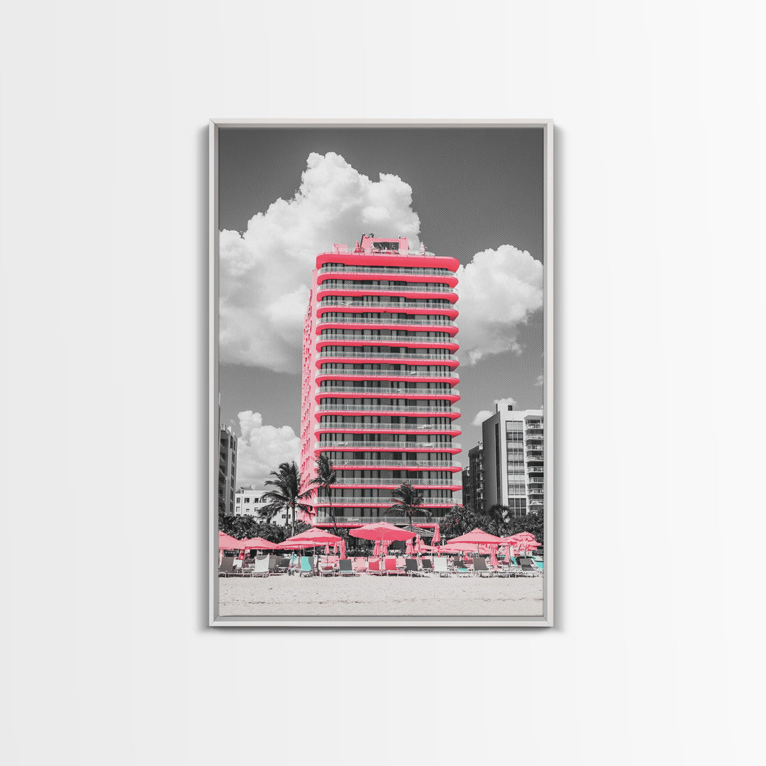 Pink Hotel, Miami Vibes, Summer Retro, Beach Scene, Canvas Print, Pop Art Aesthetic, Living Room Wall Art, Vacation Style