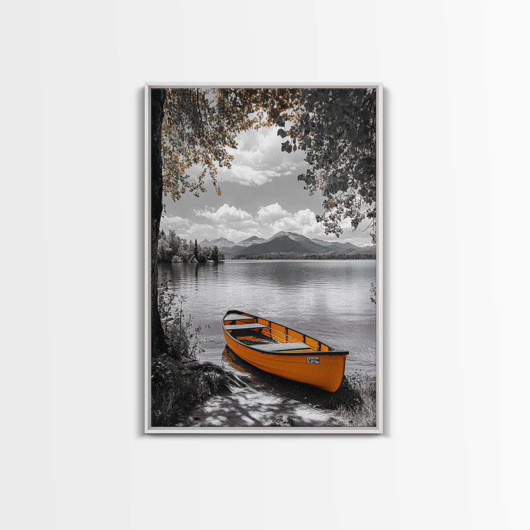 Lake Rowboat, Serene Waters, Mountain Reflection, Framed Canvas Print, Minimalist Nature Art, Living Room Wall Art, Tranquil Landscape