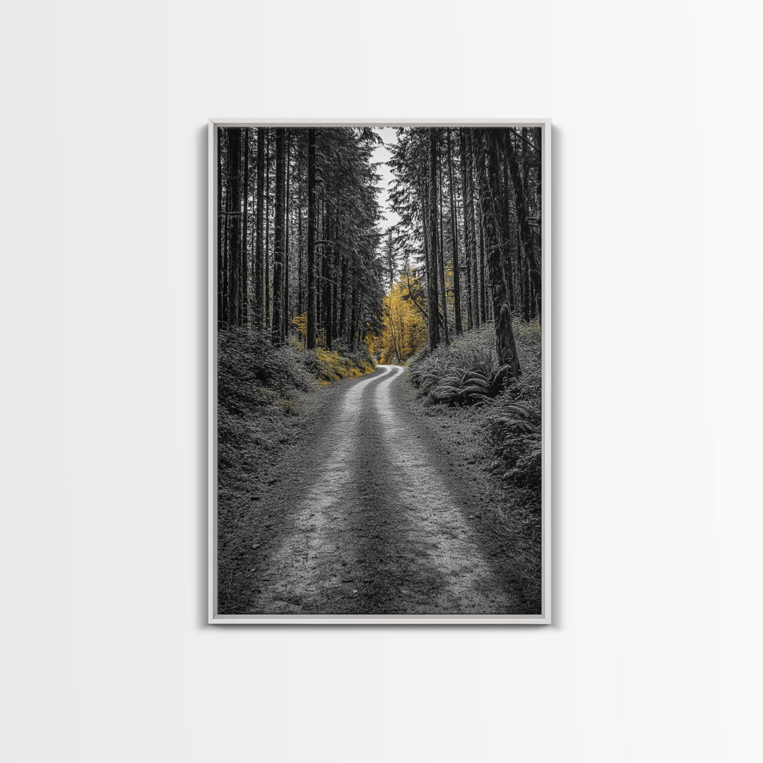 Forest Path, Yellow Trees, Autumn Trail, Framed Canvas Print, Fall Wall Art, Woodland Nature Decor, Cozy Home Accent, Entryway Artwork