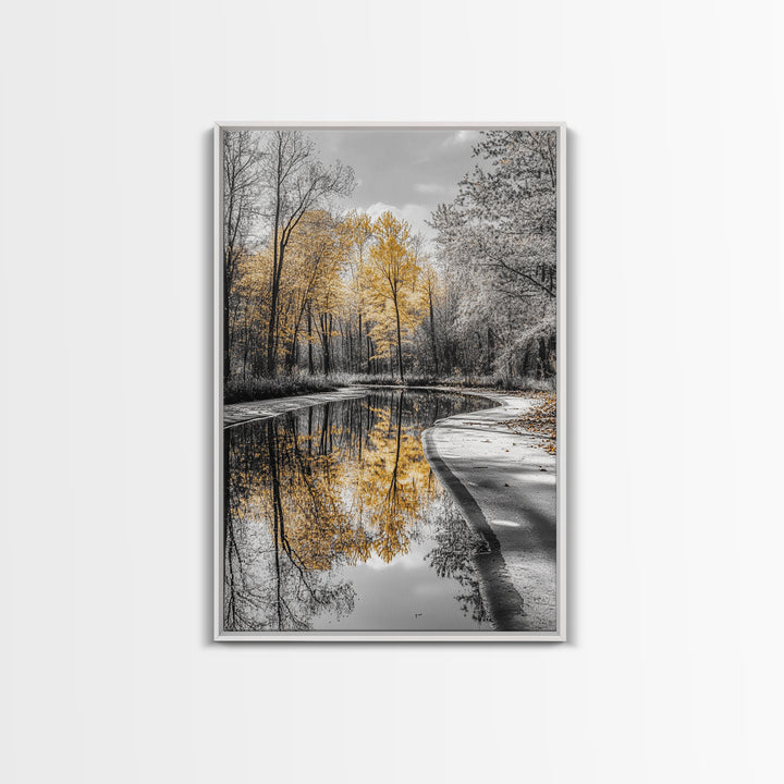 Autumn Trees, Yellow Reflection, Calm River, Nature Path, Framed Canvas Print fall landscape wall art, minimalist forest photography