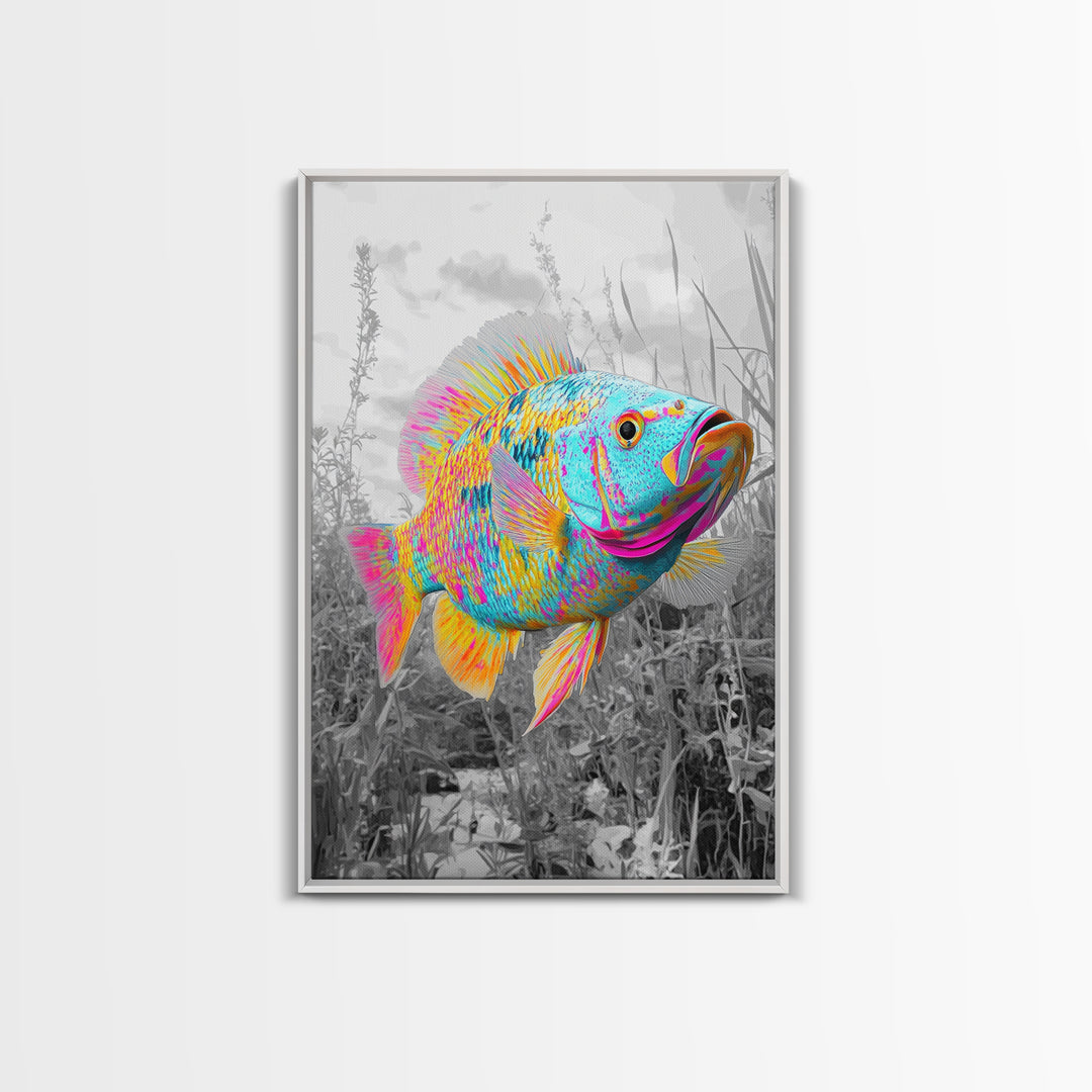 Neon Fish, Color Splash, Bright Animal, Vibrant Water, Framed Canvas Print psychedelic aquatic art, kids room fish wall decor, animal print