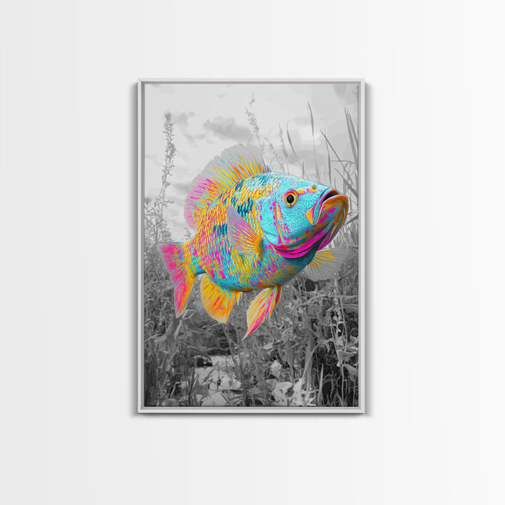 Neon Fish, Color Splash, Bright Animal, Vibrant Water, Framed Canvas Print psychedelic aquatic art, kids room fish wall decor, animal print