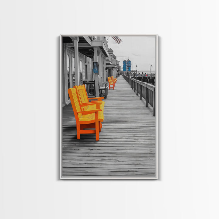 Boardwalk Chairs, Orange Seating, Coastal Town, Wooden Path, Framed Canvas Print beach town photography, nautical home decor, coastal art