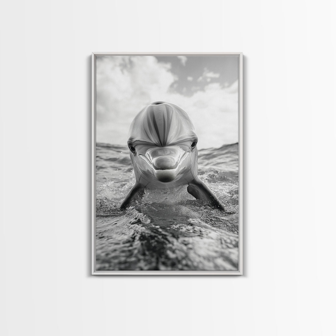 Dolphin Splash, Ocean Encounter, Monochrome Wildlife, Canvas Print, Coastal Wall Art, Bathroom Decor, Marine Animal Photography