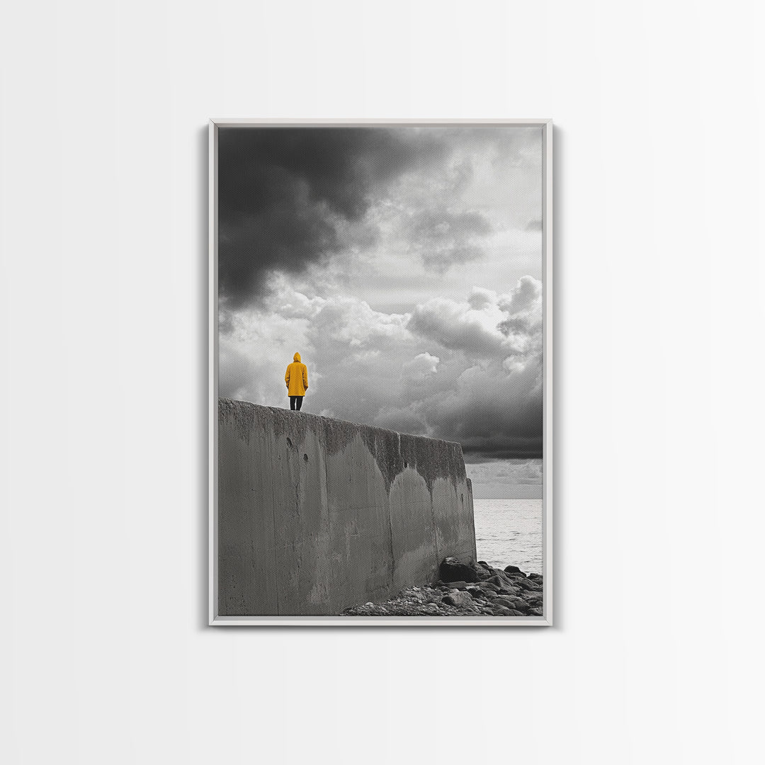 Yellow Raincoat, Ocean Storm, Moody Skies, Framed Canvas Print, Minimalist Wall Art, Coastal Entryway Decor, Contemplative Scene