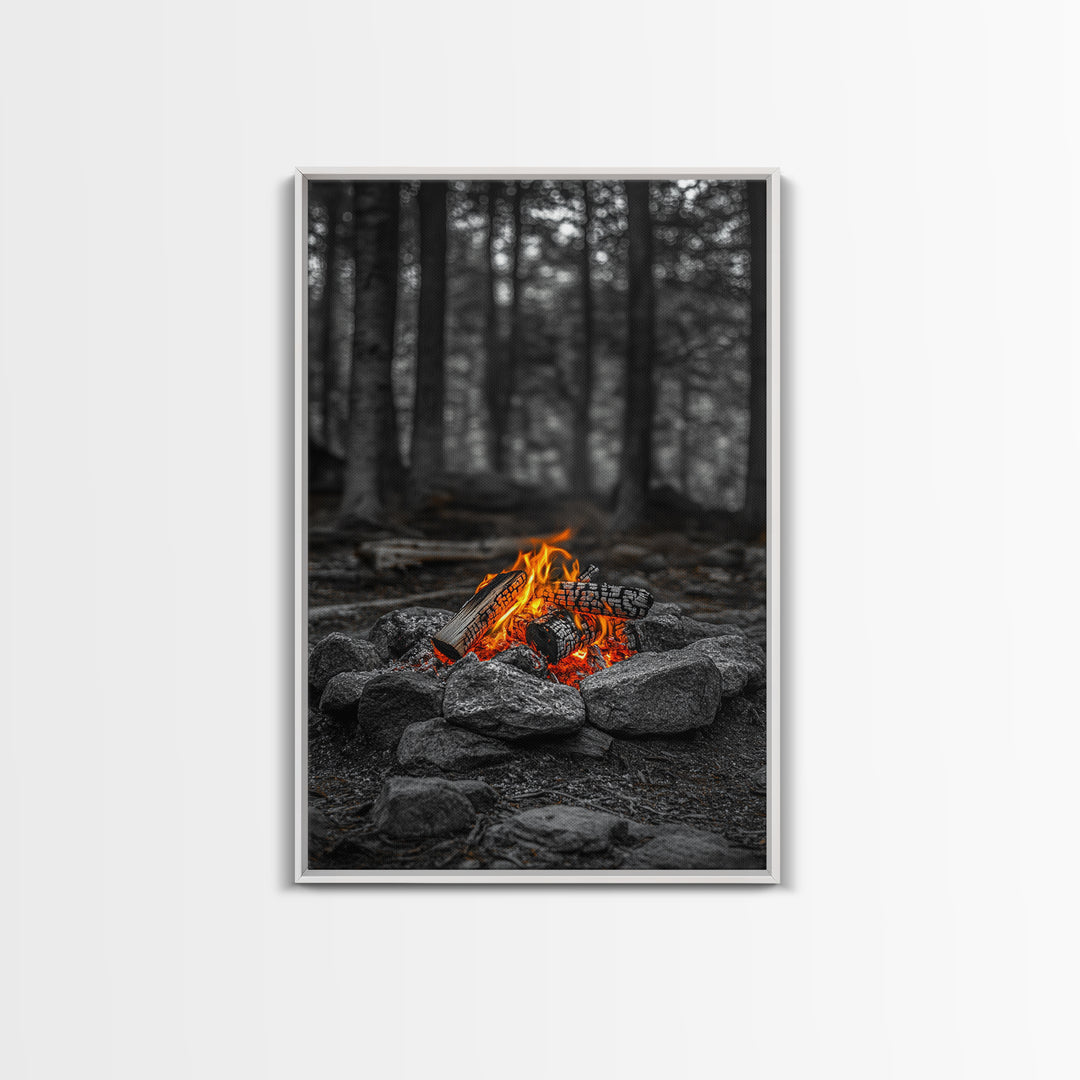 Campfire Glow, Cozy Flames, Autumn Wall Art, Framed Canvas Print, Nature Photography, Rustic Decor, Living Room Cabin Aesthetic